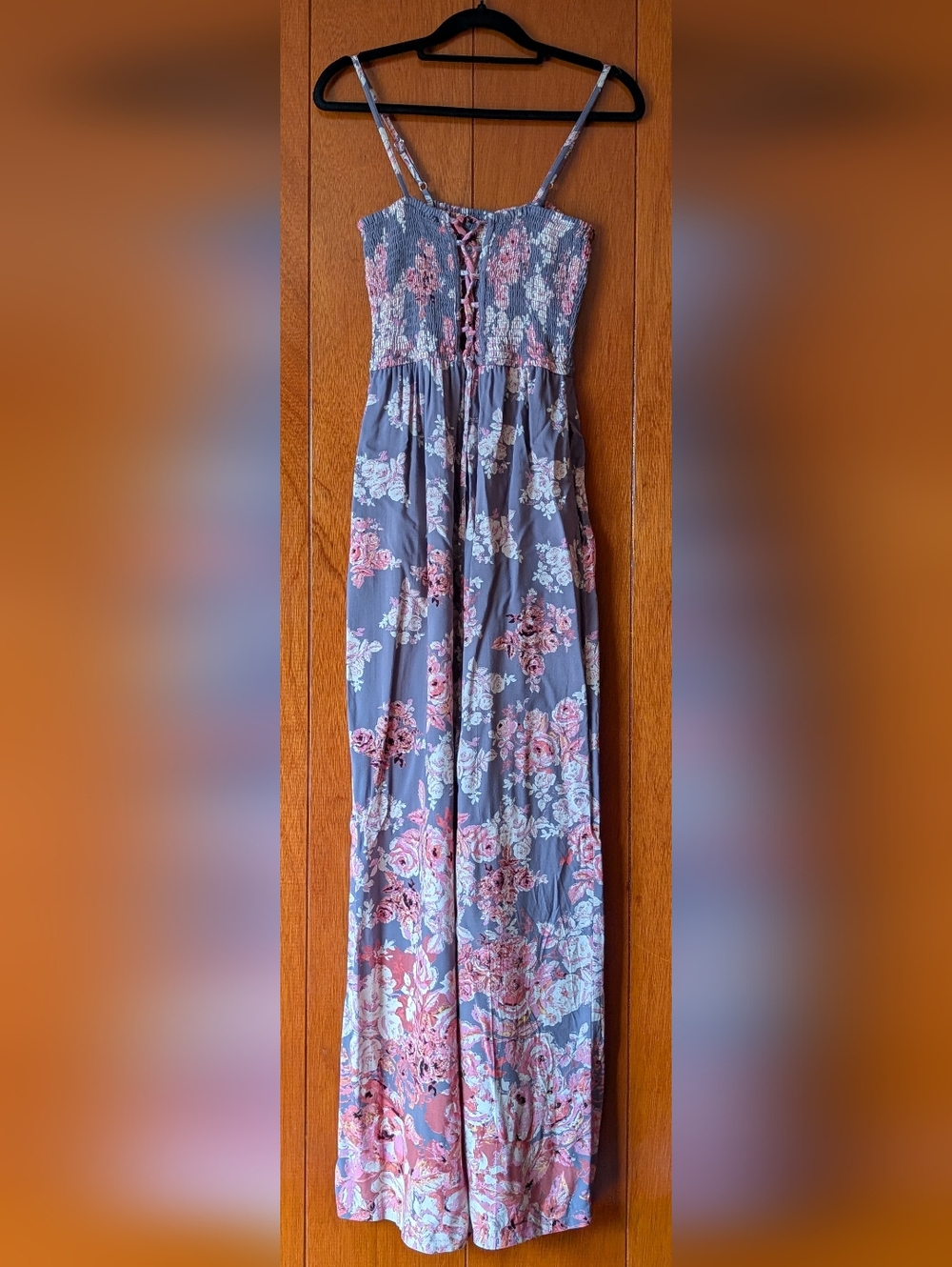 Angie Gray Jumpsuit with Pink Floral Pattern 100% Rayon